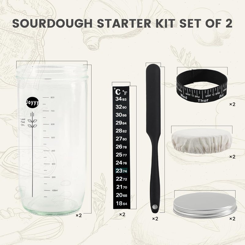 Joyyy Sourdough Starter Jar, Beginner Sourdough Starter Kit, 34oz Large Capacity Glass Fermentation Jar with Lid & Tracker for Homemade Sour Dough (Set of 2) - Image 2